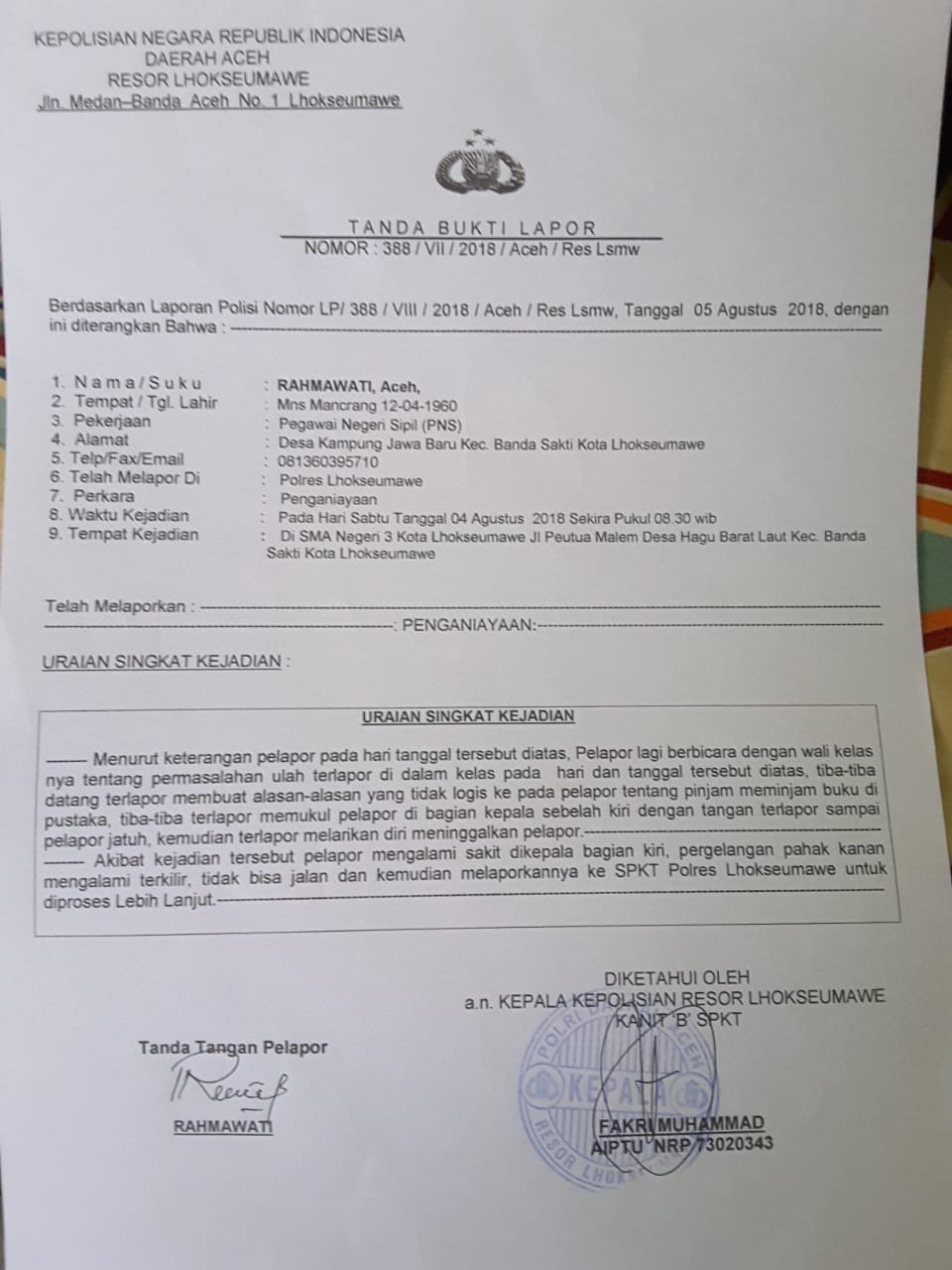 SISWA PUKUL GURU DI SMAN 3  LHOKSEUMAWE, ACEH.