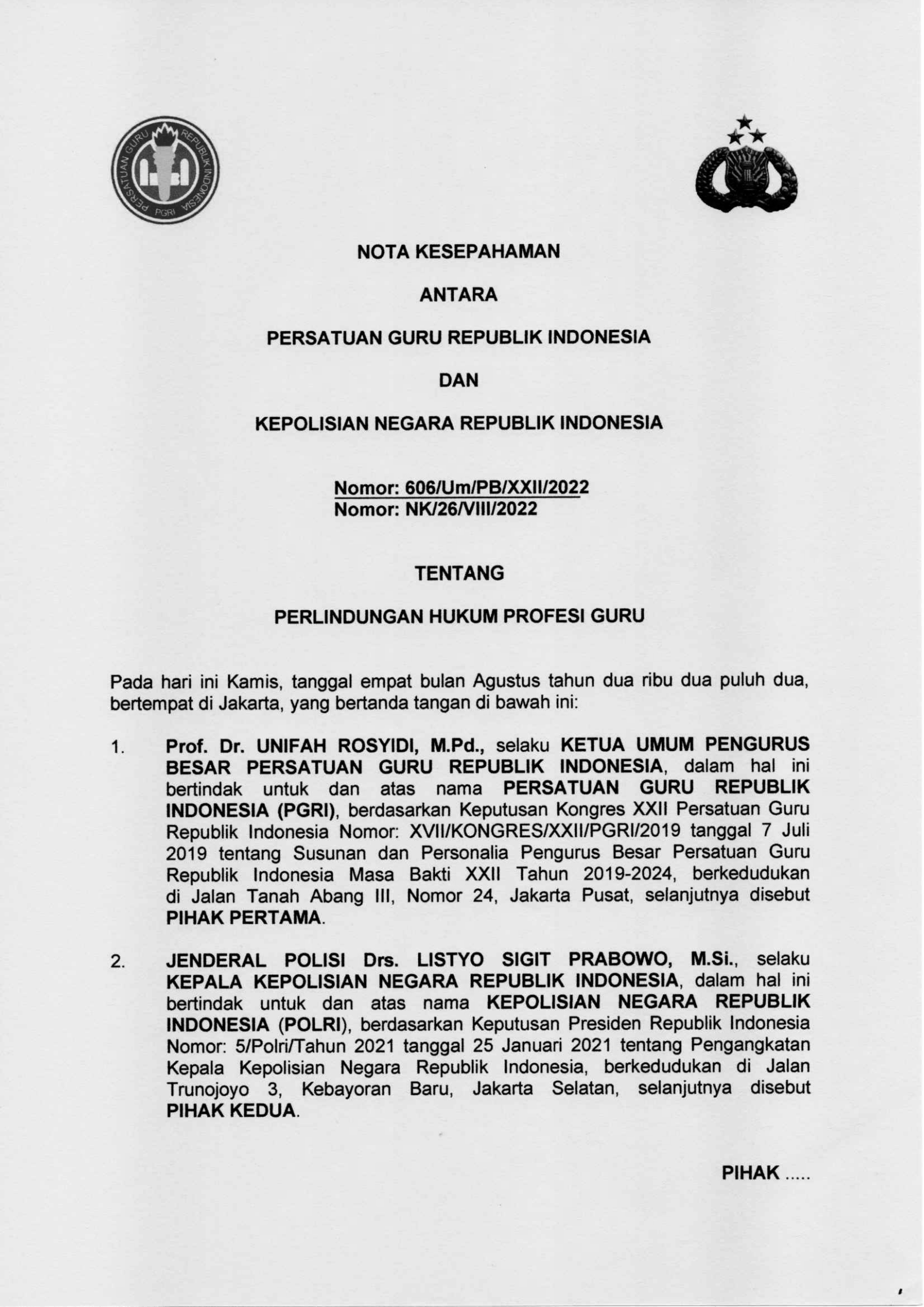 NOTA KESEPAHAMAN ANTARA PERSATUAN GURU REPUBLIK INDONESIA DAN KEPOLISIAN NEGARA REPUBLIK INDONESIA
